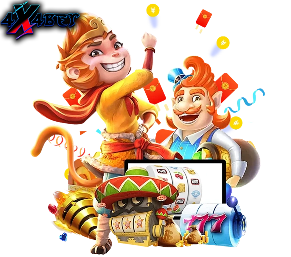 ตัวการ์ตูนลิงซุนหงอคงและเพื่อนพร้อมสล็อต 777 4X4BET กราฟิกเกมสล็อตแตกง่าย