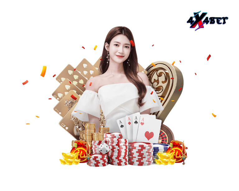 ภาพโปรโมทคาสิโนออนไลน์ มีหญิงสาวสวมชุดสีขาวยืนคู่กองชิป ไพ่เอซ เหรียญทอง และสัญลักษณ์เกมพนัน บนพื้นหลังสีดำ สื่อถึงความหรูหราและโอกาสลุ้นรางวัลใหญ่